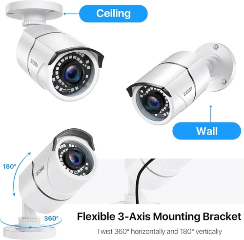 Miniatura 7 de ZOSI - 4 Pack 2MP 1080p HD-TVI Cámara de seguridad para el hogar, para exteriores e interiores, 1920TVL, 36 ledes, visión nocturna, cámara bala CCTV