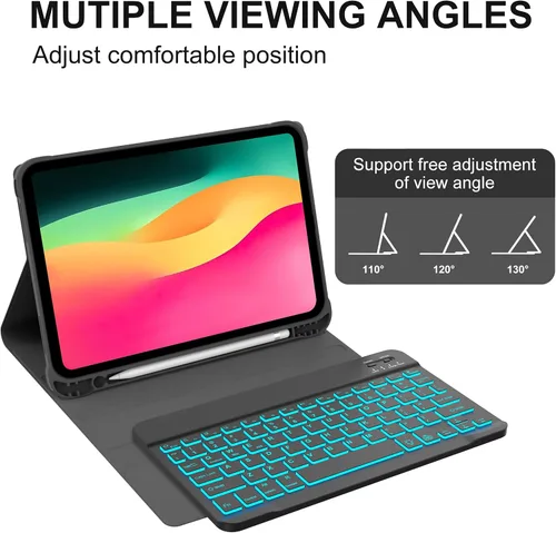 Miniatura 5 de KVAGO Funda para iPad (A16) de 11ª y 10ª generación con teclado, teclado desmontable inalámbrico retroiluminado de 7 colores, funda de teclado folio