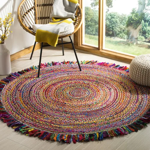 SAFAVIEH Cape Cod Collection - Alfombra redonda de 7 pies, color marfil y rojo, hecha a mano con flecos de yute y algodón, ideal para zonas de alto
