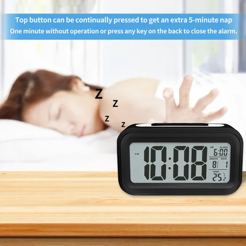 Miniatura 2 de Reloj despertador digital con temperatura interior, funciona con pilas, modelo con función de repetición, pantalla de 12/24H para dormitorios