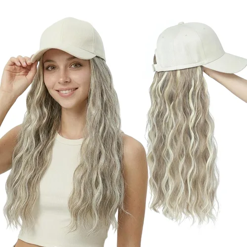 Miniatura 10 de Gorra de béisbol con peluca y extensiones de cabello, con piezas de cabello sintético marrón resistente al calor unidas, para mujeres y niñas