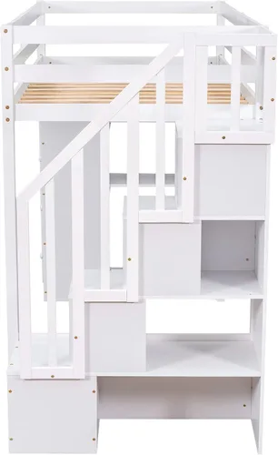 Miniatura 9 de VilroCaz Cama loft multifuncional de tamaño individual con cajones de almacenamiento y escalera, marco de cama de madera maciza con barandilla