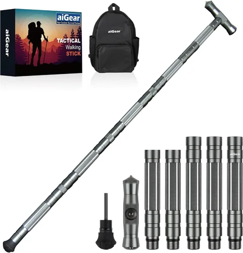 Miniatura 9 de aiGear G2 Tactical Hiking Stick, 5-Section Heavy Duty Walking Staff for Men Women, Aerospace-Grade Aluminum Alloy Trekking Poles with Integrated