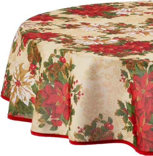 Violet Linen Mantel impreso con diseño de jardín de flor de pascua europea, color beige, redondo de 60 pulgadas