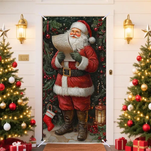 Nuxovilar Cubierta de puerta de Navidad de poliéster de 70.87 x 35 pulgadas, diseño de Papá Noel, decoración de puerta delantera para Feliz día