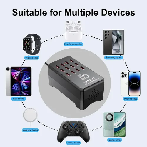 Miniatura 3 de Estación de carga USB de 50 W y 12 puertos para múltiples dispositivos, concentrador de carga USB portátil compatible con iPhone, Android, tableta