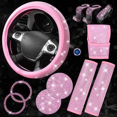 Miniatura 19 de CAR PASS Juego de fundas de asiento de coche con diamantes brillantes de 11 piezas, accesorios de coche con diamantes brillantes para mujer, funda