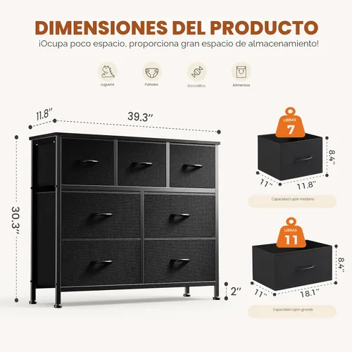 Miniatura 3 de Sweetcrispy Cómoda de 7 cajones con contenedores de tela, organizador de torre para dormitorio, armario, pasillo, entrada, cómoda alta con marco