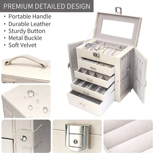 Miniatura 6 de FEIYAN Joyero para mujer de 5 capas de cuero organizador de joyas con cajonesespejo caja de joyería blanca grande para collares anillos aretes