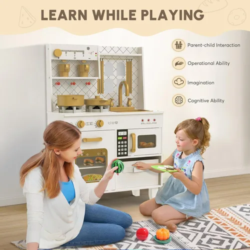 Miniatura 8 de BIERUM Juego de cocina con luces y sonidos realistas, juego de cocina de madera para niños pequeños, cocina de juguete con 26 accesorios de comida