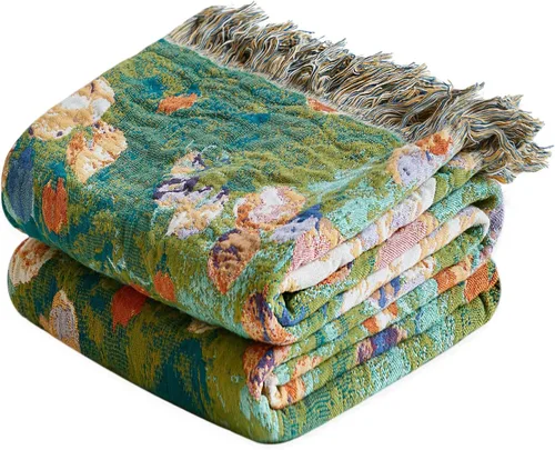 Miniatura 26 de Cobija para cama de estilo bohemio, 100 % algodón, ultra suave, edredón rústico, cobija de otoño, estampado floral, cobija grande rústica para sofá