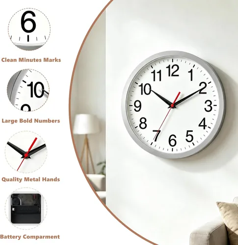 Miniatura 5 de Rohioue Reloj de pared de 12 pulgadas, moderno, funciona con batería, silencioso, sin tictac, analógico, decorativo para dormitorio, cocina, baño