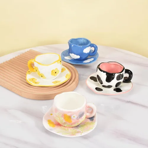 Miniatura 4 de Koythin - Taza de café de cerámica con platillo, taza única y bonita hecha a mano para mujeres para oficina y hogar, apta para lavavajillas y Cielo
