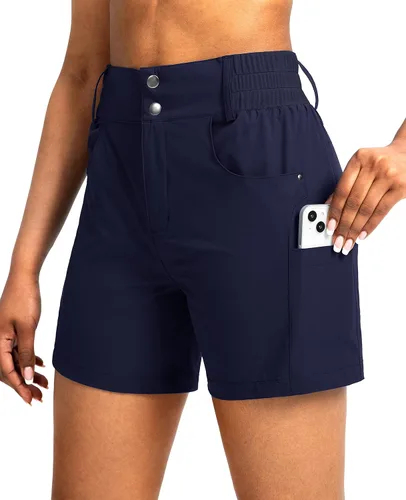 Miniatura 17 de Viodia - Pantalones cortos de senderismo de 5" para mujer, para golf con bolsillos, de cintura alta, elásticos, cargo, pantalones cortos para mujer