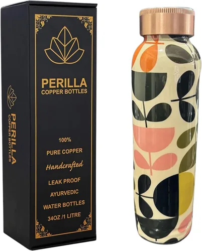 Miniatura 13 de Perilla Home Botella de agua impresa de cobre puro de 34 onzas, a prueba de fugas, recipiente de cobre ayurvédico 100% puro con tapa, bebe más agua