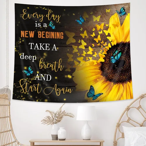 Miniatura 5 de AMBZEK Tapiz de girasol amarillo de 51 pulgadas de alto x 59 pulgadas de ancho, mariposa, floración floral, planta de primavera, marrón, rústico