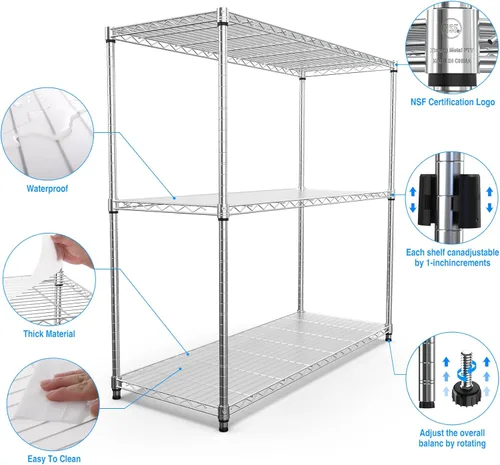Miniatura 4 de pouseayar 3 Tier NSF Metal Shelf Wire Shelving Unit, 1050lbs Capacity Heavy Duty Adjustable Storage Rack with Shelf Liners for Closet Kitchen Garage