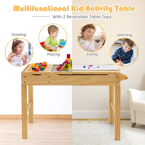 Miniatura 4 de HONEY JOY Mesa para niños, mesa de actividades de madera 2 en 1 con rollo de papel, mesa de bloques de construcción convertible, 3 compartimentos