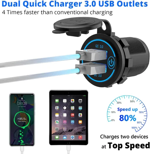 Miniatura 3 de Qidoe - Paquete de 5 salidas USB de carga rápida 3.0 de 12 V, impermeable, QC3.0, doble toma de corriente USB con interruptor táctil, enchufe