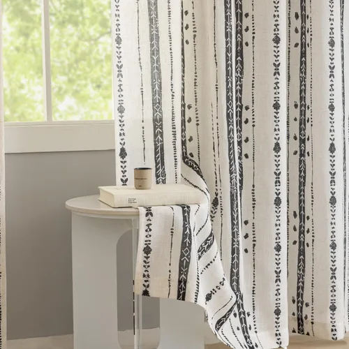 Miniatura 16 de Juego de 2 paneles de cortinas de lino bohemio, cortinas de semi privacidad para sala de estar, cortinas rústicas de campo de 54 pulgadas de largo