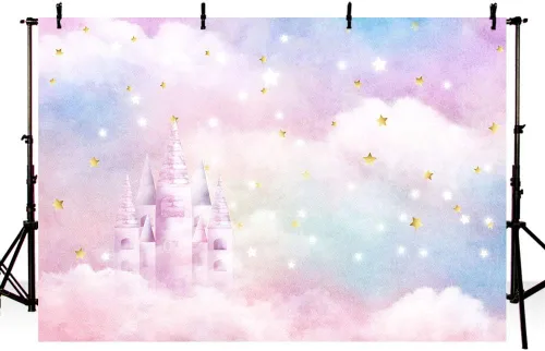 Miniatura 2 de MEHOFOND Acuarela de arco iris pastel para estudio fotográfico, decoración de fondo para cabina de estudio fotográfico, estrellas doradas, nube