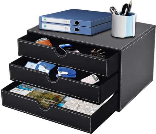 Organizador de escritorio de piel sintética con 3 cajones, suministros de oficina ejecutivos, archivador A4, soporte para joyas, facturas, papel,
