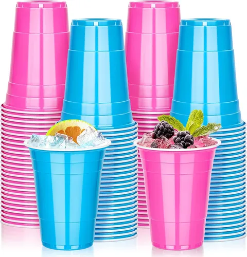 Miniatura 8 de KesaPlan Paquete de 100 vasos de plástico neón de 16 onzas en verde, rojo, naranja y azul, desechables coloridos para fiestas, bebidas frías a Verde