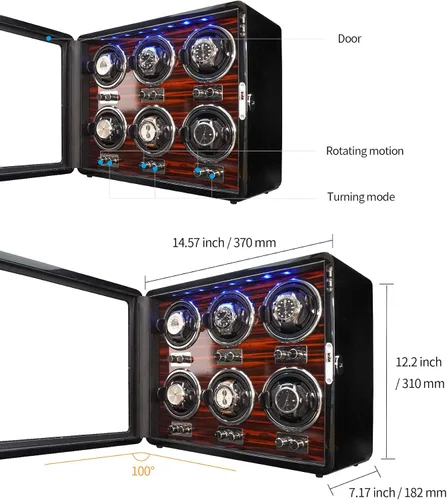 Miniatura 6 de Oryx - 6 bobinadoras de reloj para relojes automáticos, caja de reloj giratoria de madera, 15 modos de rotación, vitrina con luz LED, motor Mabuchi