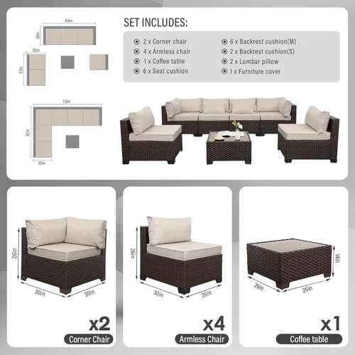 Miniatura 3 de WAROOM Juego de muebles de patio al aire libre, 7 piezas, sofá seccional de mimbre, sofá de conversación de ratán marrón con mesa auxiliar, cojín
