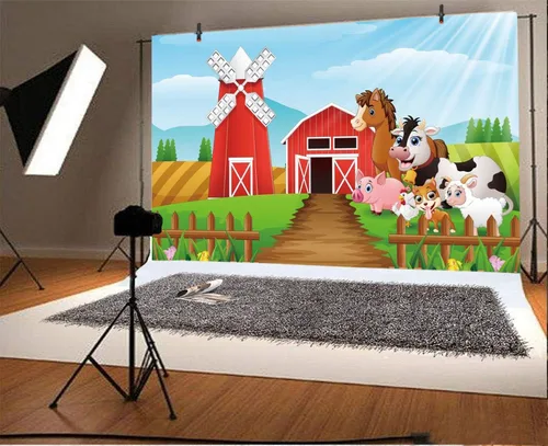 Yeele Fondo de dibujos animados de 5 x 3 pies para fotografía, campo, cobertizo, granero, paisaje, ganado, animales, telón de fondo rústico para