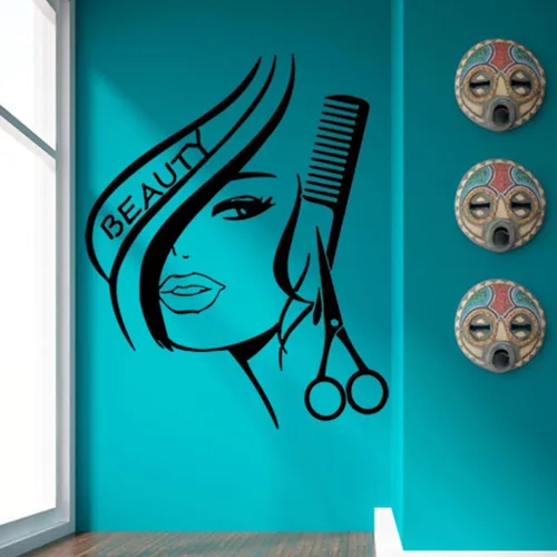 Miniatura 2 de Aniversario Día de la Madre Moderna Moda Belleza Chica Corte Cabello con Tijeras Peine Peluquería Peluquería Vinilo Vinilo Arte Mural