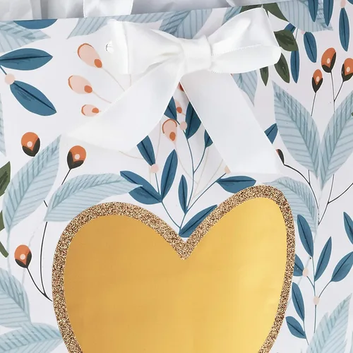 Miniatura 5 de Hallmark Bolsa de regalo grande de 13 pulgadas con papel de seda (follaje verde, corazón dorado) para bodas, compromisos, aniversarios, despedidas