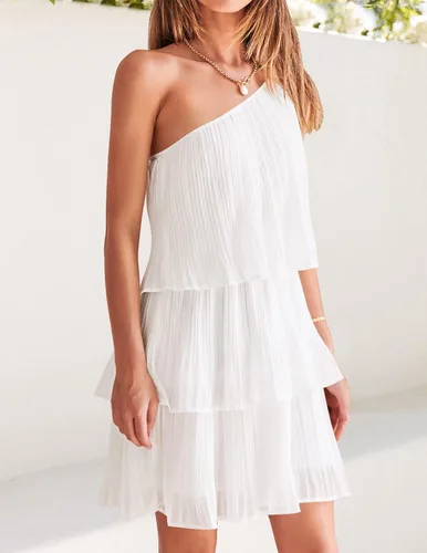 Miniatura 3 de ZESICA Vestido corto bohemio de verano para mujer, con un hombro, sin mangas, con volantes, escalonado, de gasa, plisado, acampanado, para mujer