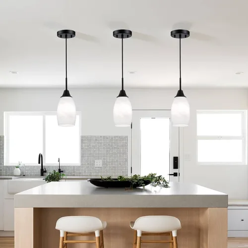Miniatura 3 de Viinew Mini Lámpara Colgante de Vidrio, 1-Luz de Vidrio Artístico Ovalado Blanco Soplado a Mano Lámpara Colgante Suspendida para Isla de Cocina