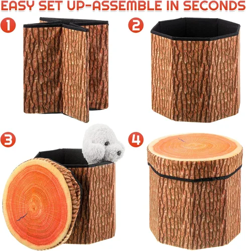 Miniatura 4 de Amylove Paquete de 3 taburetes de almacenamiento de tocones de árbol, taburete otomano de 12 x 12 pulgadas, bonita caja de juguetes plegable