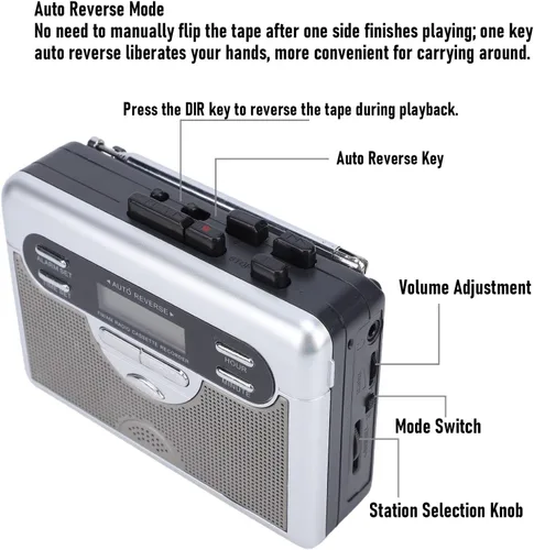 Miniatura 4 de Bewinner Reproductor de cassette AM FM Radio, grabadora de cinta de casete retro con temporizador de reloj digital, altavoz integrado y conector