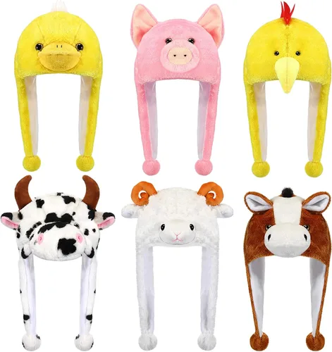 Newcotte 6 piezas de sombreros de disfraz para niños, conjunto de sombreros de animales de felpa, accesorios de cabeza de animales divertidos para