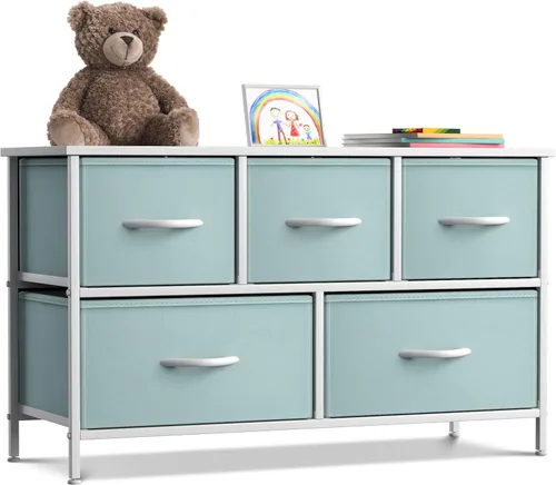 Sorbus Cómoda Infantil con 5 Cajones - Unidad Organizadora de Almacenamiento con Marco de Acero, Parte Superior de Madera, Cajones de Tela Fáciles