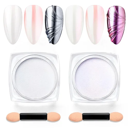 Beetles Polvo Cromado para Uñas 2 Frascos Blanco y Púrpura Perla Cromer Polvo Cromado para Uñas para Gel Efecto Espejo Brillo Kit de Manicura 0-2