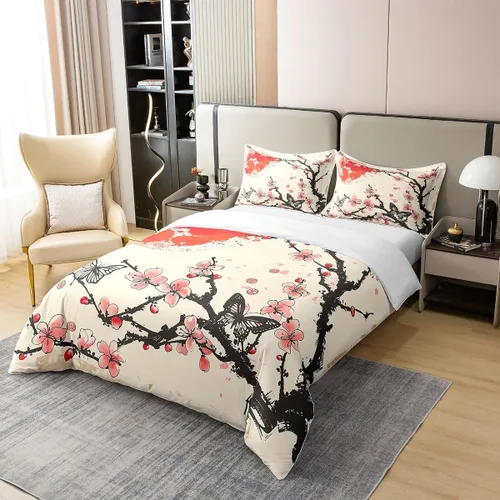 Miniatura 3 de jejeloiu Juego de funda de edredón de flores de cerezo 100% algodón, tamaño matrimonial, estilo japonés, juego de ropa de cama 100% algodón