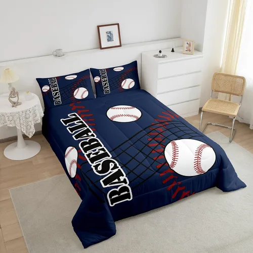 Miniatura 6 de jejeloiu Juego de edredón de béisbol para niños, tamaño individual, juego de ropa de cama de béisbol azul para niños, juego de ropa de cama