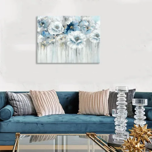 Miniatura 2 de Cuadro de flores para sala de estar, arte de pared floral azul y blanco sobre lienzo con detalles dorados para decoración de dormitorio gris, 32 x