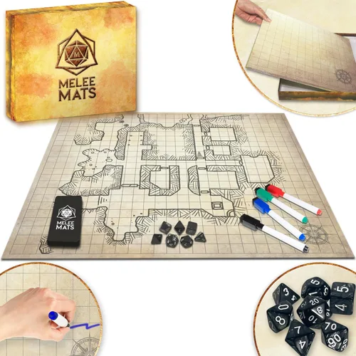 Melee Mats DND Map - Juego de iniciación – 23 x 27 pulgadas, cuadrícula de terreno de batalla de borrado húmedo y seco de doble cara para Calabozos