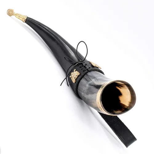 Miniatura 8 de Mythrojan Cuerno vikingo para beber 100% natural, auténtico, decoración de latón, cuerno nórdico con funda de cuero negro, bolsa de lona para vino
