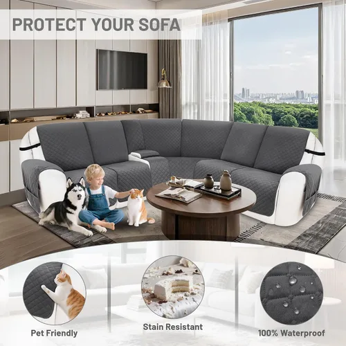 Miniatura 6 de Fundas para sofá reclinable, 100% impermeables, de terciopelo en forma de L, para sofás y mascotas, lavables, antideslizantes, con bolsillos