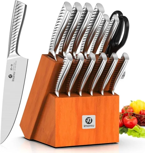 imarku® Juego de cuchillos, juego de 14 piezas para cocina con bloque, juego de cuchillos de cocina de una pieza premium con afilador, juego de