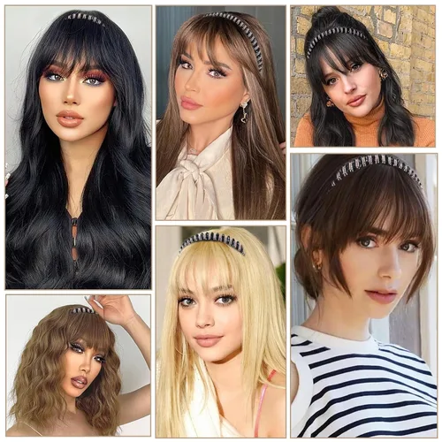 Miniatura 6 de Flequillo de cabello humano con clip, flequillo delgado con correa de diamantes de imitación, extensiones de cabello para mujer, flequillo plano