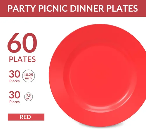 Miniatura 2 de POSATE Platos de plástico desechables, 60 unidades, 30 platos llanos resistentes de 10.25 pulgadas y 30 platos de postre de 7.5 pulgadas para Rojo