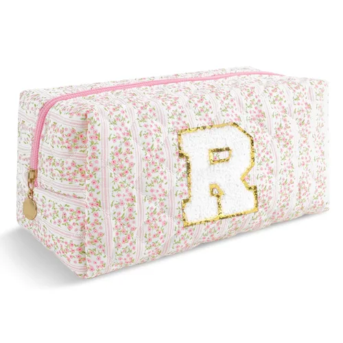 Miniatura 90 de Pequeña bolsa de maquillaje personalizada con inicial A-Z Preppy Patch, bolsa de cosméticos de viaje de felpilla blanca con cremallera, bonita bolsa