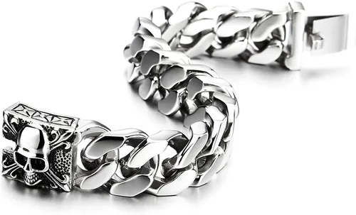 Miniatura 4 de COOLSTEELANDBEYOND Pulsera de cadena de acero cepillado vintage grande para hombre con flor de lis y calavera